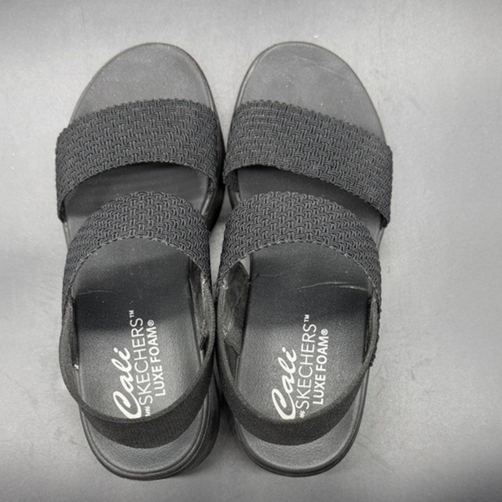 Skechers Cali Luxe Foam Black Wedge Sandals Women‎ Size 8 Elastic Straps - Picture 8 of 8